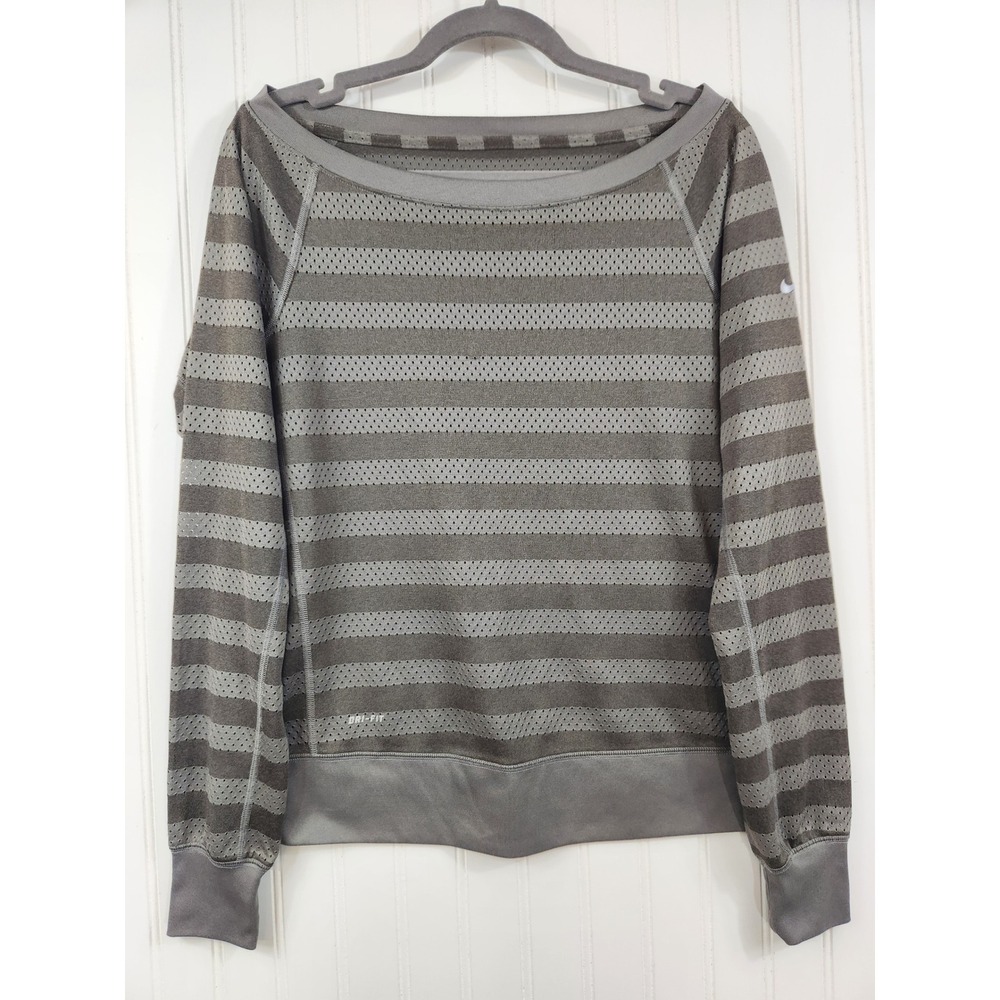 Nike Dri-FIT Womens Small Grey Striped Boat Neck Mesh Pullover Sweatshirt Y2K